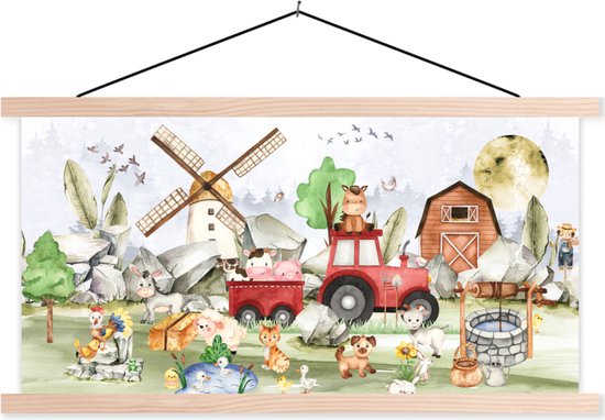 Schoolplaat kinderen - Wanddecoratie kinderkamers - Boerderij - Trekker - Kinderen - Dieren - Muurdecoratie - 150x75 cm