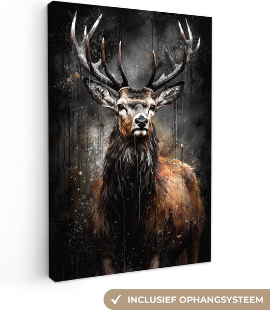 Tableau toile 60x90 cm - Cerf noir - Accessoires décoration chambre - Peintures salon tête de cerf - Décoration murale tête d'animal chambre - Décoration murale cuisine - Toile murale intérieur - Décoration maison