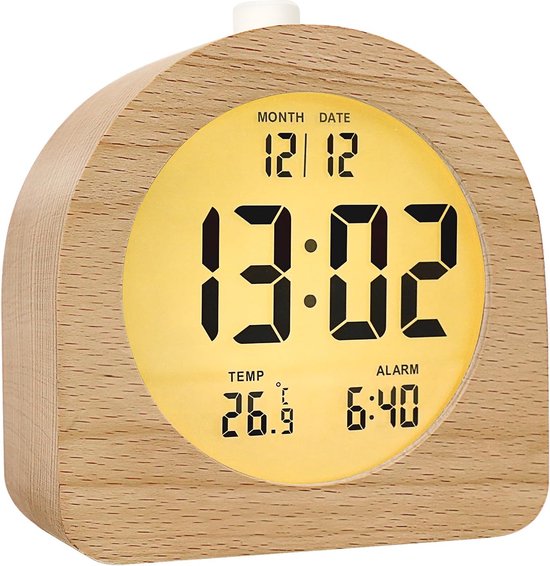 Wekker numérique en bois - Horloge de table LED avec affichage de la température - Fonction Snooze - Fonctionne sur piles - Convient pour chambre à coucher, bureau