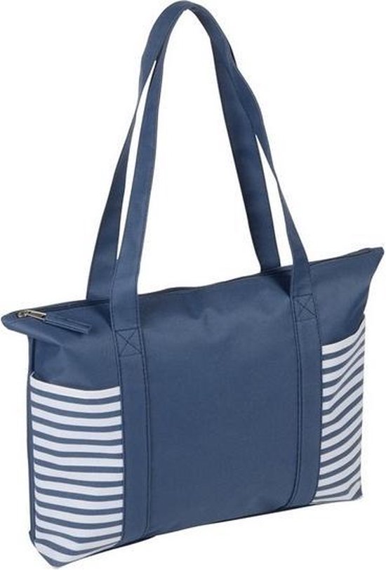 Strandtas blauw/wit met streepmotief 44 cm - Strandartikelen beach bags/shoppers met ritssluiting