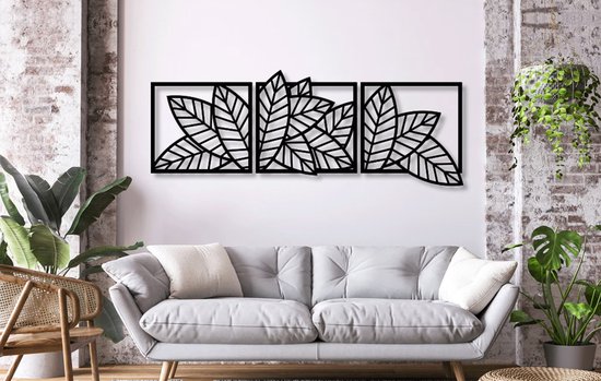 BT Home - Leaves Flowers muurdecoratie - Wanddecoratie - Zwart - Houten art - Muurdecoratie - Line art - Wall art - Wandborden - Bohemian