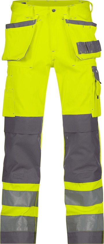 Pantalon de travail jaune avec poches gris foncé, bandes réfléchissantes et passants pour outils.