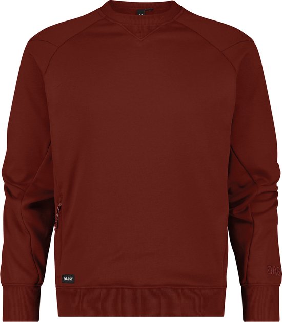 Donkerrode sweater, voorkant. V-hals met versteviging. Grijze reflecterende details op de mouwen. Label 'DASSY' op de voorkant.