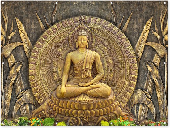 Muurdecoratie buiten Goud - Boeddha beeld - Spiritueel - Meditatie - 160x120 cm - Tuindoek - Buitenposter
