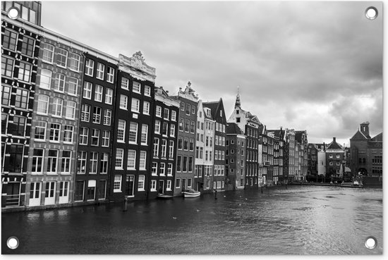 Tuindecoratie Amsterdamse grachten zwart-wit fotoprint - 60x40 cm - Tuinposter - Tuindoek - Buitenposter