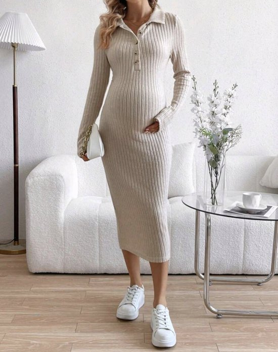 Beige elegante geribbeld zwangerschap jurk maat XL met polo kraag