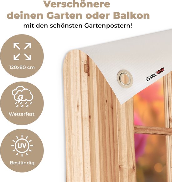 Tuinposter doorkijk bloemen - Lichtbruin raam - Tuindecoratie roze rozen - 120x80 cm - Poster voor in de tuin - Buiten decoratie - Schutting tuinschilderij - Tuindoek muurdecoratie - Wanddecoratie balkondoek