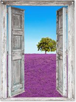 Affiche de jardin - Violet - Lavande - Arbre - Vue à travers - Jardin - 90x120 cm - Décoration clôture - Peinture jardin - Toile jardin