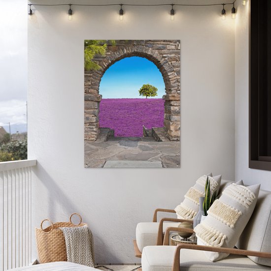 Affiche de jardin - Vue - Lavande - Arbre - Fleurs - Paysage - 90x120 cm - Décoration de clôture - Toile de jardin