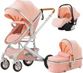 Luxe Kinderwagen 3 in 1 - Wandelwagen Baby - Kinderwagen Inclusief Autostoeltje - Buggy met Wieg - Wandelwagen - Roze met Zilver