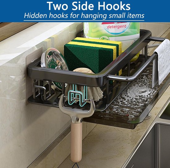 YC Kitchen Spoelbakorganizer, spons-, wasmiddel- en doekhouder met opvangbak, zwart koolstofstaal