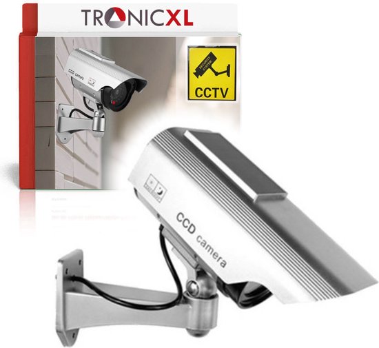 TronicXL 2 stuks Dummy Premium Solar Camera, met knipperende led, zilver, CCTV - CCD-bewakingscamera, nep, voor binnen en buiten, inclusief waarschuwingssticker – Zonnepaneel – beveiligingscamera – replica cam