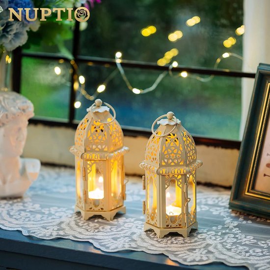 Pakket van 4 kaarsenlantaarns in Marokkaanse stijl, kleine theelichthouders met transparante glasruiten, ideaal voor terras, binnen, buiten, evenementen, feesten, bruiloften, witte Marokkaanse lamp