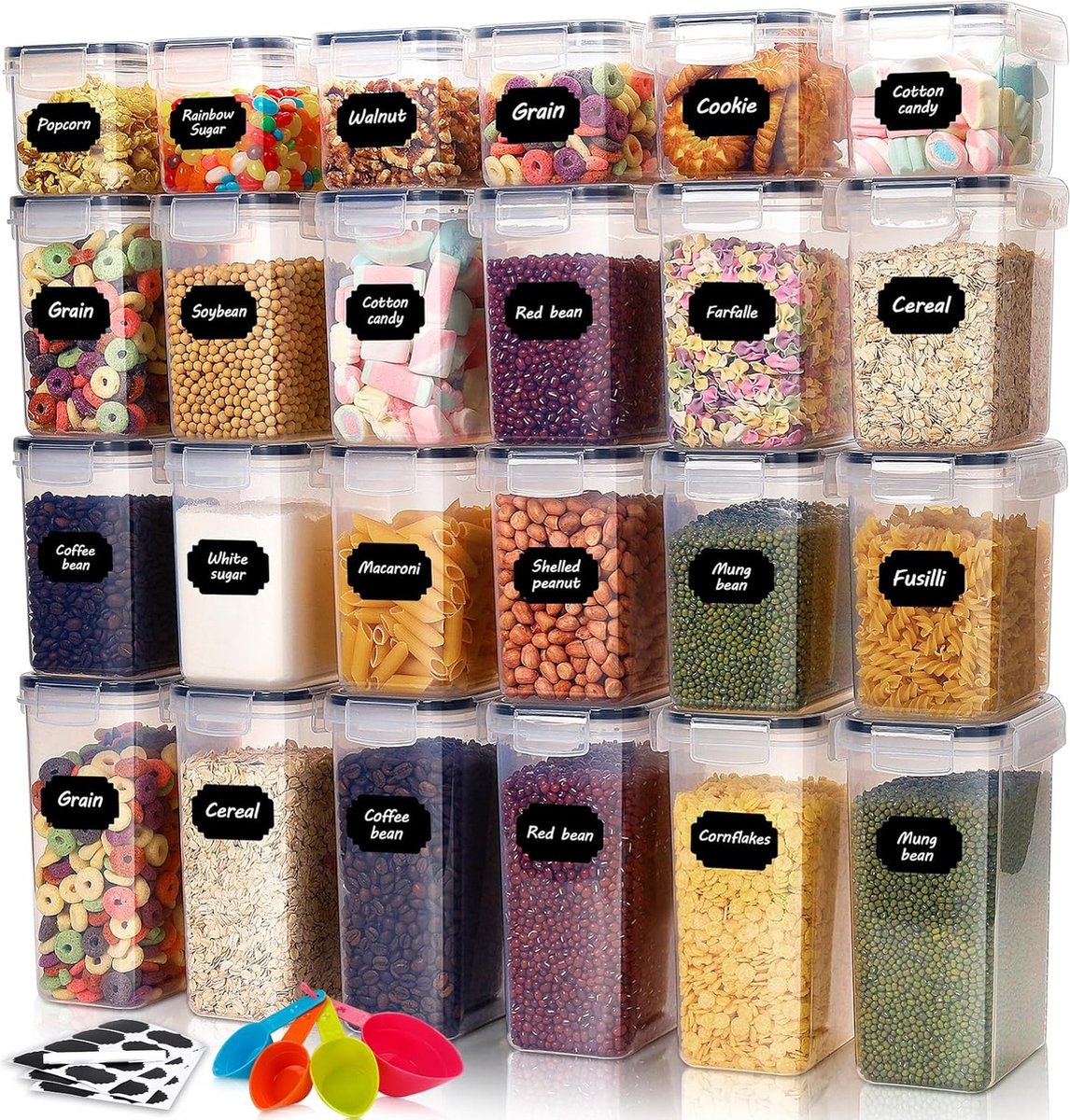 Voorraaddozen, set van 24 voorraaddozen met deksel, luchtdicht van BPA-vrij kunststof, opbergdoos, keukenorganizer, muesli, voorraaddozen en vershouddozen en mottenveilige voorraaddozen