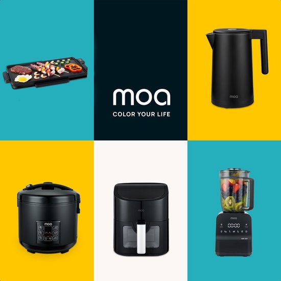 Collage van MOA producten: grillplaat, waterkoker, rijstkoker, airfryer en blender.