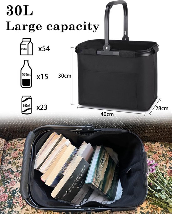 Boodschappentas, 30 liter, opvouwbare draagmand, grote picknickmand, klapmand, reistas, praktische boodschappenmand met gevoerde handgrepen, ideaal voor reizen, picknick, winkelen, cadeau Boodschappentas, 30 liter, opvouwbare draagmand, grote picknickmand, klapmand, reistas, praktische boodschappenmand met gevoerde handgrepen, ideaal voor reizen, picknick, winkelen, cadeau