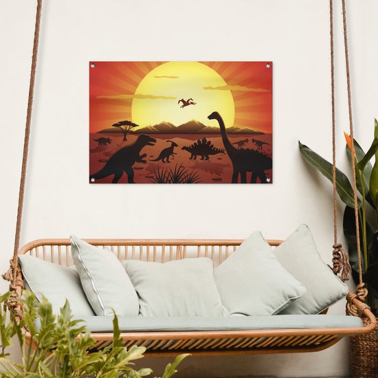 Posters de jardin extérieur Dino - Soleil - Nature - Dessin - Enfants - Garçons - 90x60 cm - Toile jardin - Affiche extérieure