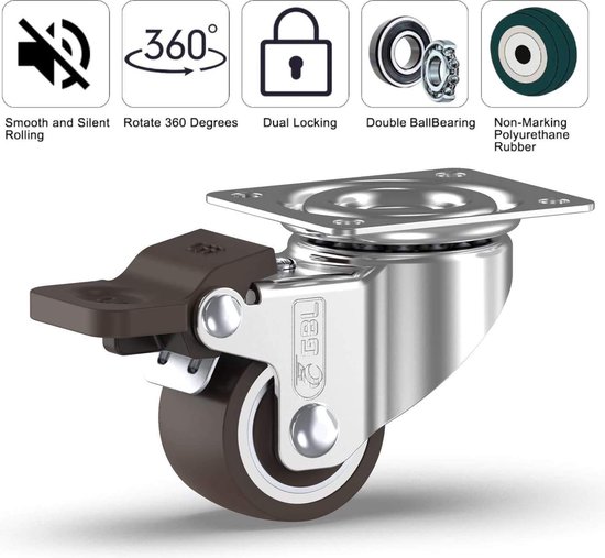 GBL Zware zwenkwielen schroeven - 100 mm tot 600 kg - 4 stuks geen vloermarkeringen stille zwenkwielen voor meubels - rubberen trolleywielen - zilveren wielen