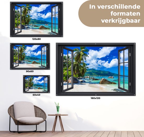 Tuinposters - Tuindecoratie - Doorkijk - Strand - Tropisch - Zomer - 120x80 cm - Tuin decoratie - Schutting decoratie - Tuinposter - Schuttingdoek - Buitenposter - Tuinversiering - Balkon decoratie - Tuinschilderij