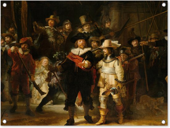 Tuinschilderij De Nachtwacht - Schilderij van Rembrandt van Rijn - 80x60 cm - Tuinposter - Tuindoek - Buitenposter
