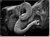 Tuinposter - Tuindoek - Tuinposters buiten - Knuffelende olifanten in zwart-wit - 120x90 cm - Tuin