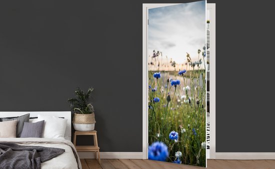 Deursticker Bloemen - Zomer - Korenbloem - Blauw - Zon - Wolken - 85x205 cm - Deurposter
