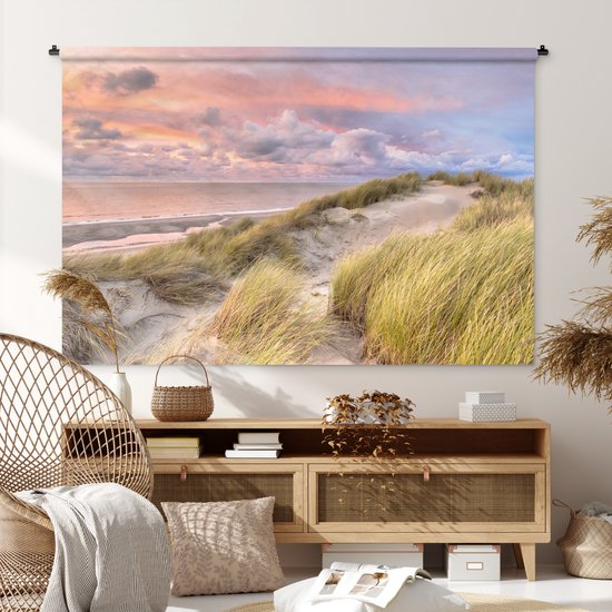 Wandkleed - Wanddoek - Strand - Zee - Duin - Zonsondergang - 180x120 cm - Wandtapijt