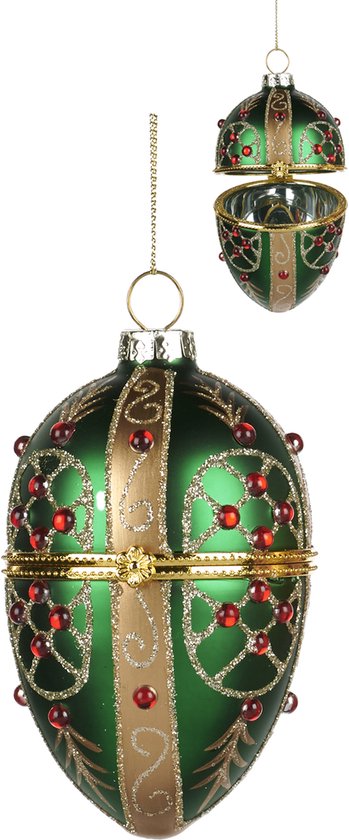 Viv! Christmas Kerstbal - Juwelenbox - glas - groen goud rood - 11cm