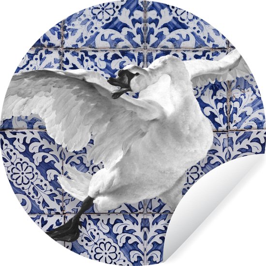 WallCircle - Muurstickers - Behangcirkel - Zwaan - Kunst - Delfts blauw - Schilderij - Oude meesters - 80x80 cm - Muurcirkel - Zelfklevend - Ronde Behangsticker