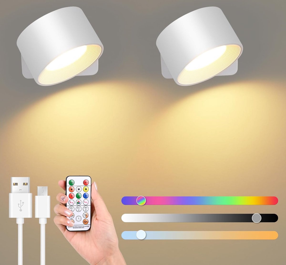 RGB binnenwandlamp, 2 stuks, led-wandlampen voor binnen, 360 graden draaibaar, wandlamp met USB-poort, touch-bediening, 16 helderheidsniveaus, 3 temperaturen (wit) [Energieklasse A+++]
