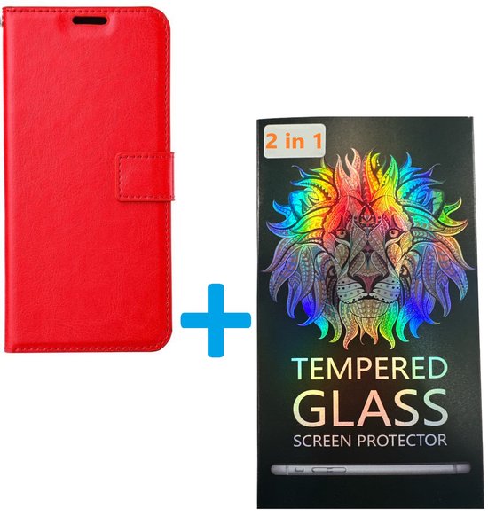 Étui pour livre de couverture Oppo A54 5G & Oppo A74 5G + 2 pièces de protection d'écran en Glas rouge