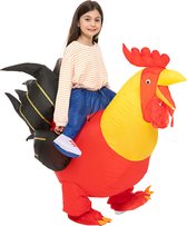 KIMU® Opblaas Kostuum Zittend op Haan Rood Geel Kinderen tot 140 cm - Opblaasbaar Pak - Hanenpak Mascotte Opblaaspak - Opblaasbare Kip Festival