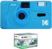 KODAK Pack M35 Argentique + Pellicule 100 ASA - Appareil Photo Kodak Rechargeable 35mm Cerulean Blue, Objectif Grand Angle Fixe, Viseur optique , Flash Intégré + Pellicule APX 100, 36 poses