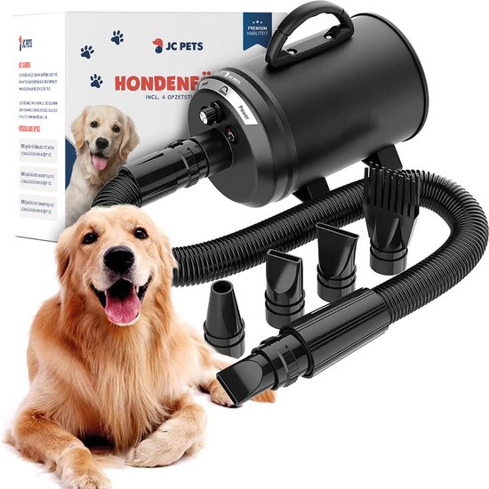 JC Pets Professionele Hondenföhn - 2800W Krachtige Waterblazer voor Honden - Inclusief 4 Opzetstukken - Stil Model met Geluiddemper - Robuuste Metalen Compacte Behuizing