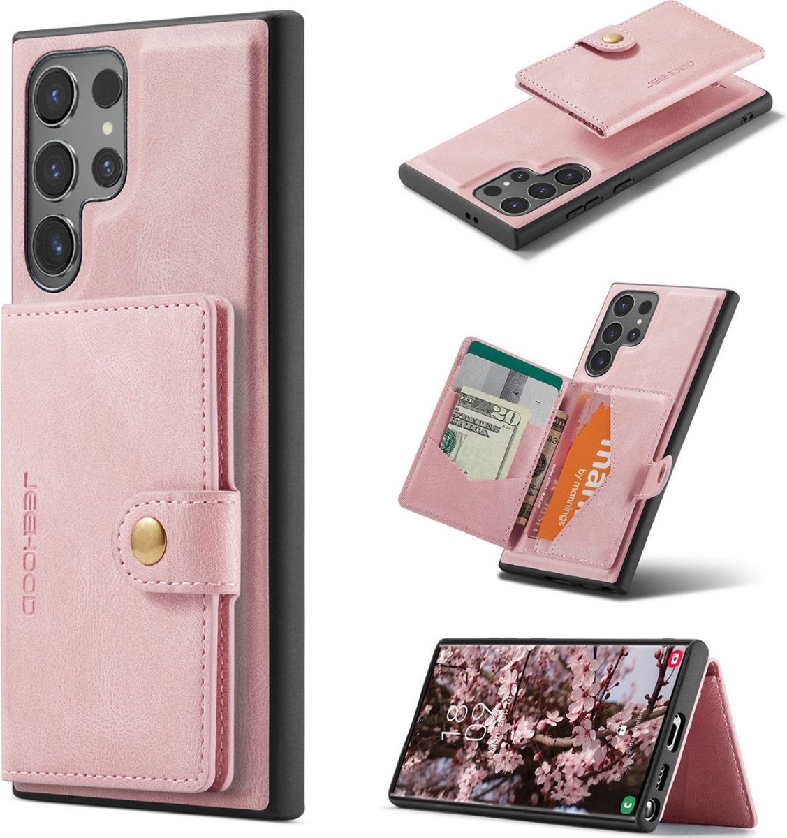 CaseMe - Telefoonhoesje geschikt voor Samsung Galaxy S24 Ultra - Back Cover - Met Magnetische Pasjeshouder - Roze