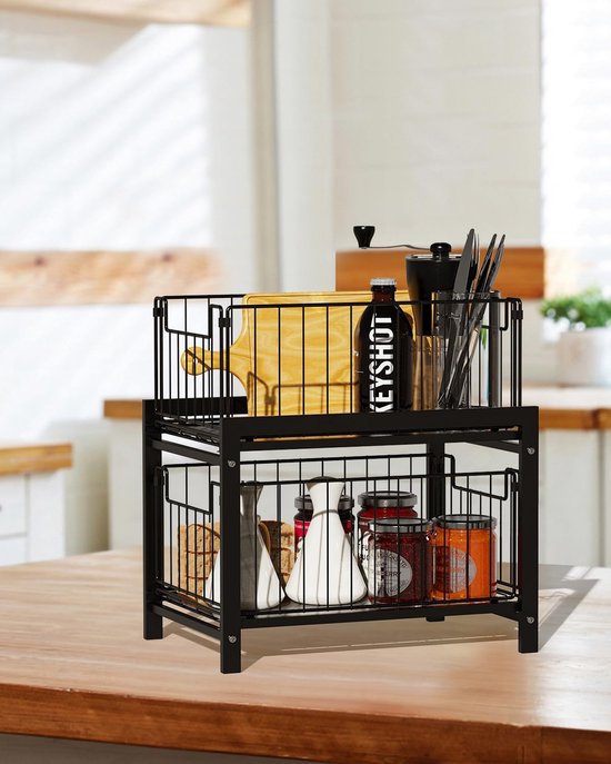 Glit Opslag voor onder de gootsteen met 2 niveaus, keukenorganizer met 2 uittrekbare laden, opbergmand, voorraadkast, slaapkamer, kruidenrek (wit, 1 stuk) HJ363598 37,4 x 21,9 x 44 cm