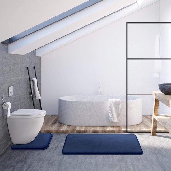 Badmat, set van 2 badmatten, antislip badkamertapijt en absorberend U-vormig contourtapijt, deurmat voor badkamer, douche, machinewasbaar en superzacht (donkerblauw) - Merkloos