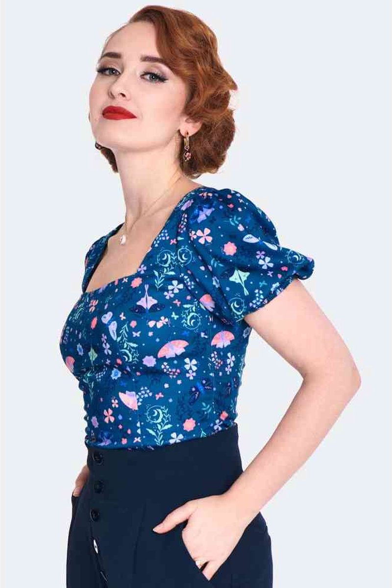 Voodoo Vixen - Moth And Floral Print Top - M - Blauw