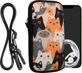 kwmobile Tasje voor smartphones L - 6,5" - Hoesje van neopreen in oranje / zwart / wit - Phone case met nekkoord - Katten design