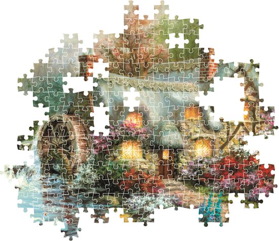 Legpuzzel van 1500 stukjes, deels gelegd, met een huisje met waterrad en bloeiende bloemen.