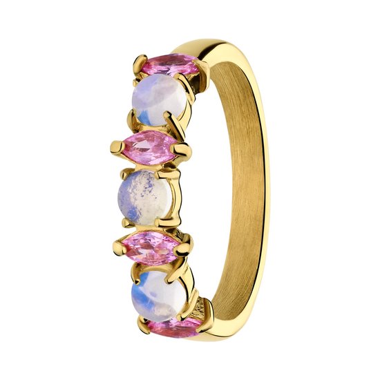 Lucardi - Dames Stalen goldplated vintage ring met opaal en roze zirkonia - Ring - Staal - Goudkleurig - 16 / 50 mm
