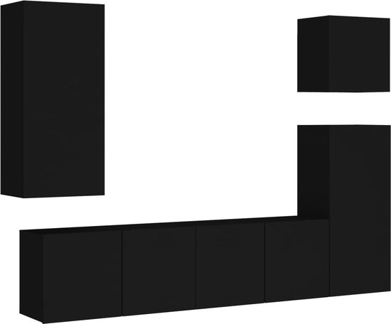vidaXL-5-delige-Tv-wandmeubelset-bewerkt-hout-zwart