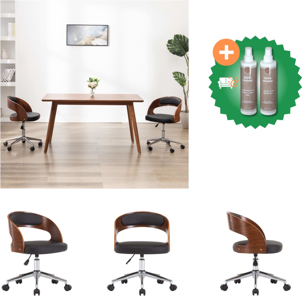 vidaXL Kantoorstoel draaibaar gebogen hout en kunstleer zwart - Bureaustoel - Inclusief Onderhoudsset