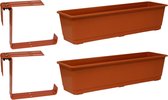 Set van 2 kunststof plantenbakken terracotta rechthoekig 60 cm met 4 verstelbare railing beugels