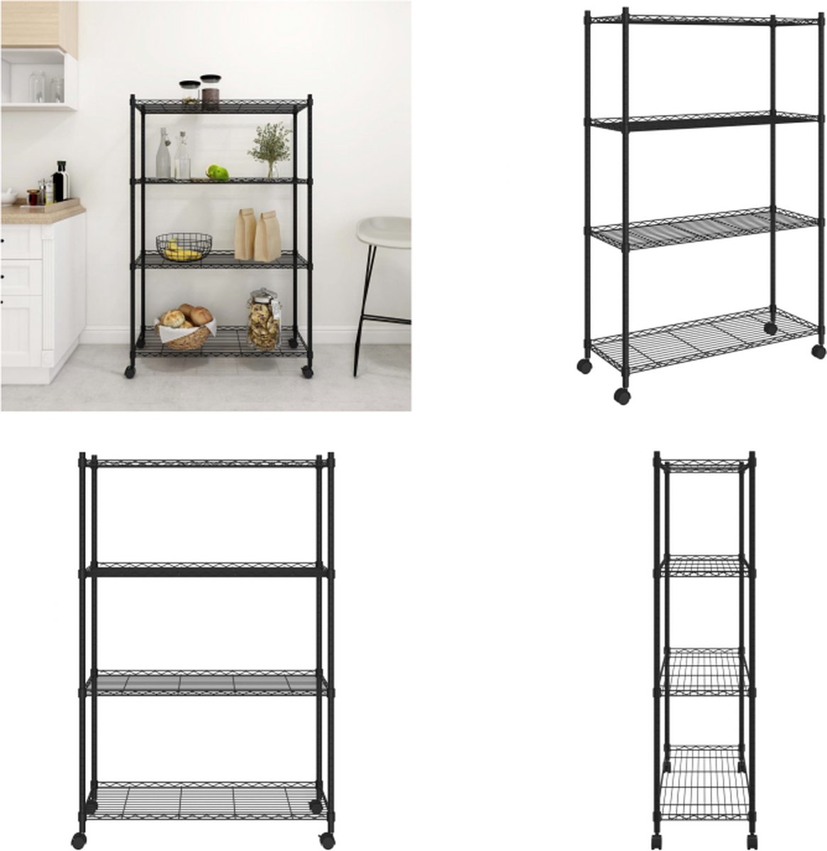 VidaXL Opbergrek 4-laags met wielen 200 kg 90x35x142 cm zwart Opbergrek Opbergrekken Opslagrek Opslagrekken