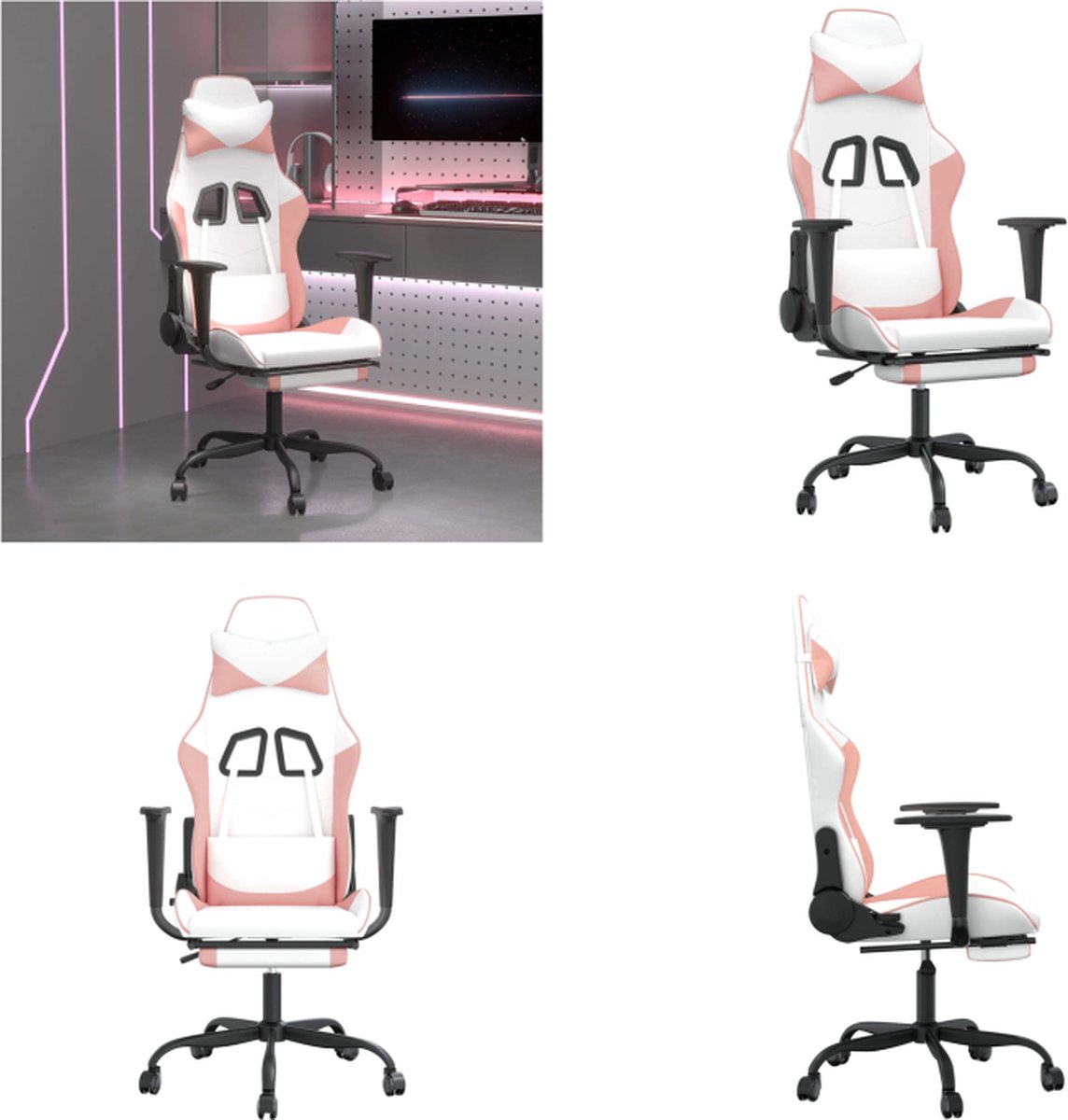 vidaXL Gamestoel met voetensteun kunstleer wit en roze - Gamingstoel - Gamingstoelen - Televisiestoel - Racingstoel