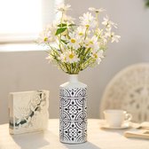 Witte vaas voor bloemen, 25,3 cm hoog, moderne metalen vaas met zwart bloemenpatroon, decoratieve cilindervazen voor tafeldecoratie grote boho bloemenvaas voor pampasgras droogbloemen takken