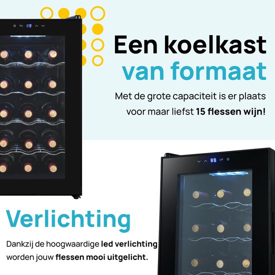 Zwarte MOA wijnkoelkast met glazen deur, gevuld met 15 flessen, ledverlichting.