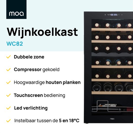 MOA Wijnkoelkast voor 28 Flessen - Wijnklimaatkast Vrijstaand met 2 Temperatuurzones - Wijnkoeler - Instelbaar tussen 5°C en 18°C - Zwart