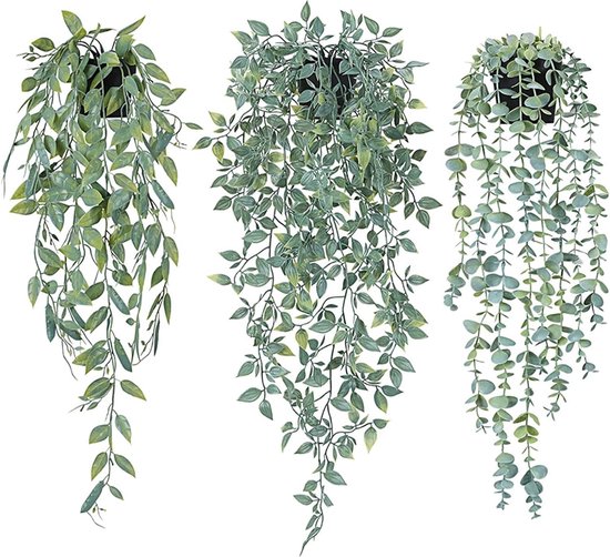 Kunstmatige hangplanten met potten, verpakking van 3 kunstplanten hangend, kunstplant eucalyptusbladeren in pot, kunstplanten zoals echte, hangplanten potplant kunstmatig voor huis tuindecoratie